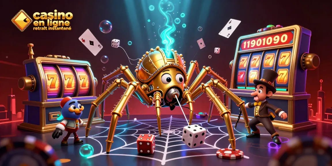 Visualisez une scène immersive de casino en ligne retrait instantané avec une araignée steampunk captivante.