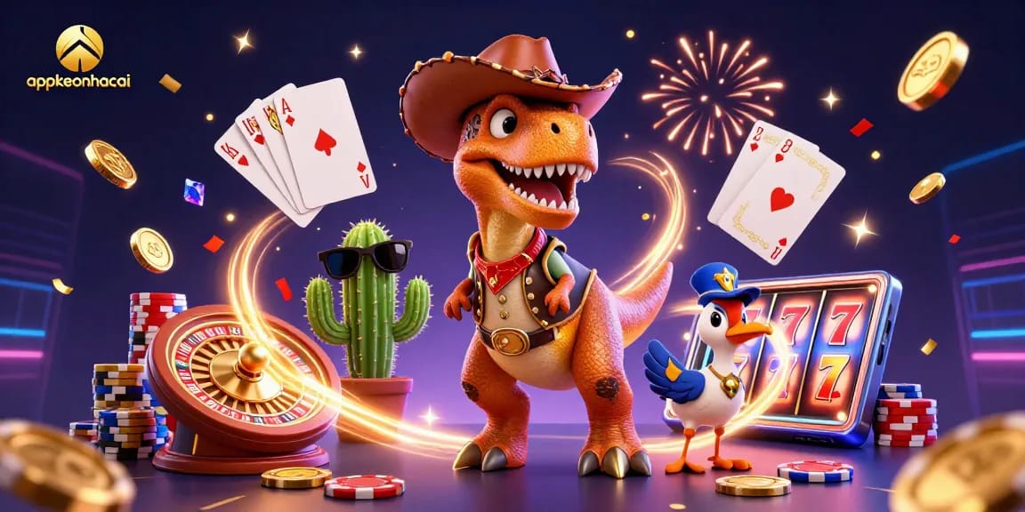 appkeonhacai features a vibrant casino scene with colorful characters and flying coins, showcasing exciting gambling action.
