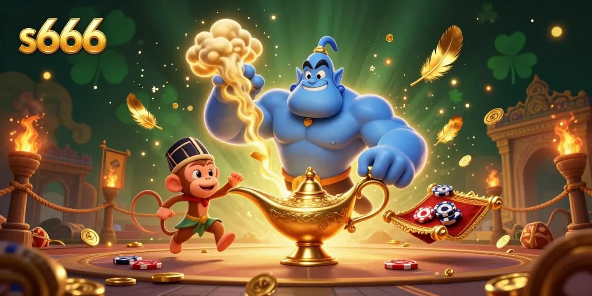 Experience thrilling gameplay with s666 as the genie grants wishes with poker chips in a mystical casino.