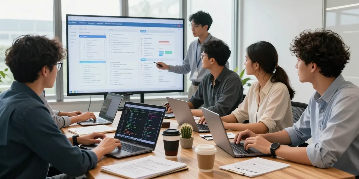 Developers collaborating on multi-exchange data interface in a modern fintech workspace.