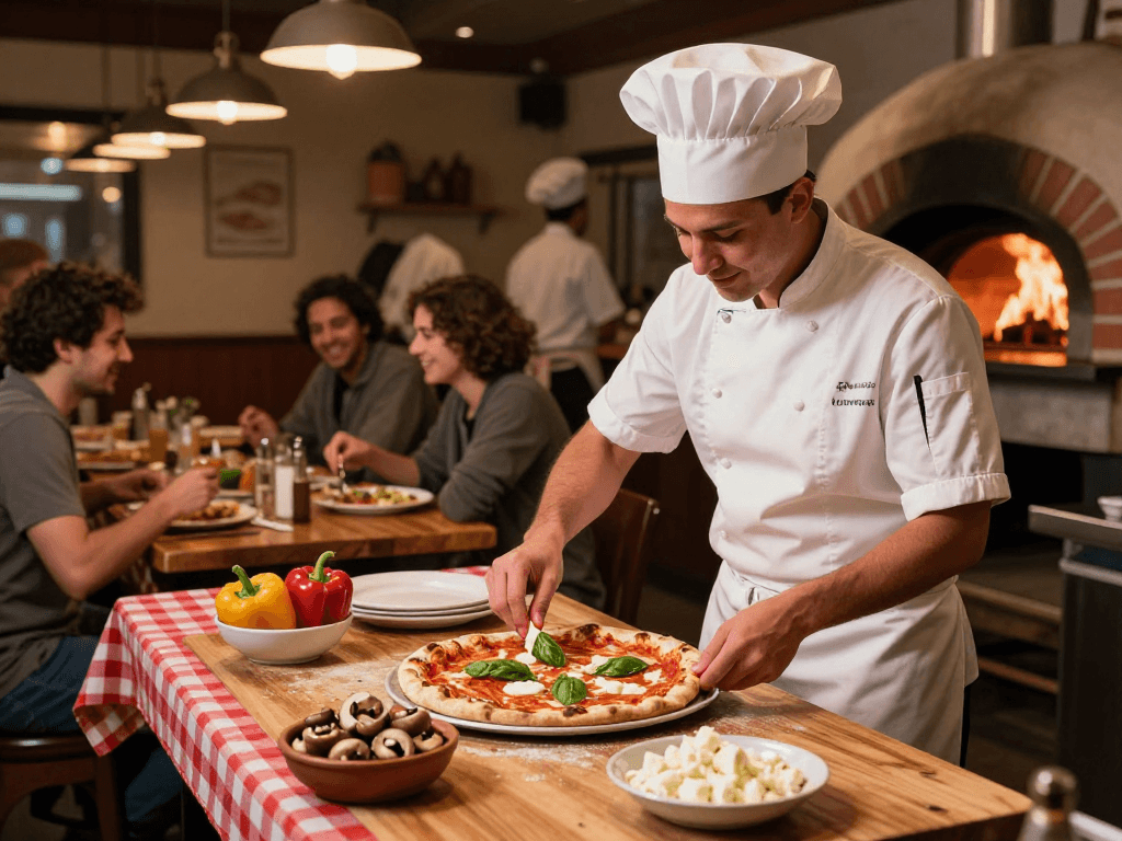 Creating a fresh pizza in a lively pizzeria, showcasing vibrant ingredients and warm ambiance.