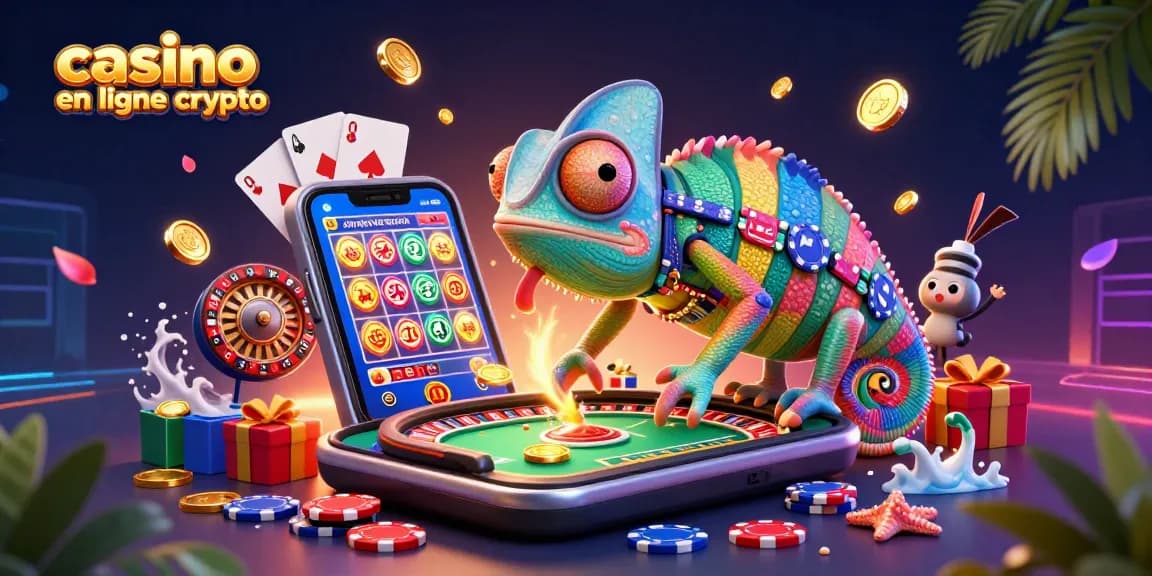 Jouez au casino en ligne crypto avec le caméléon propriétaire sur une scène de fête colorée