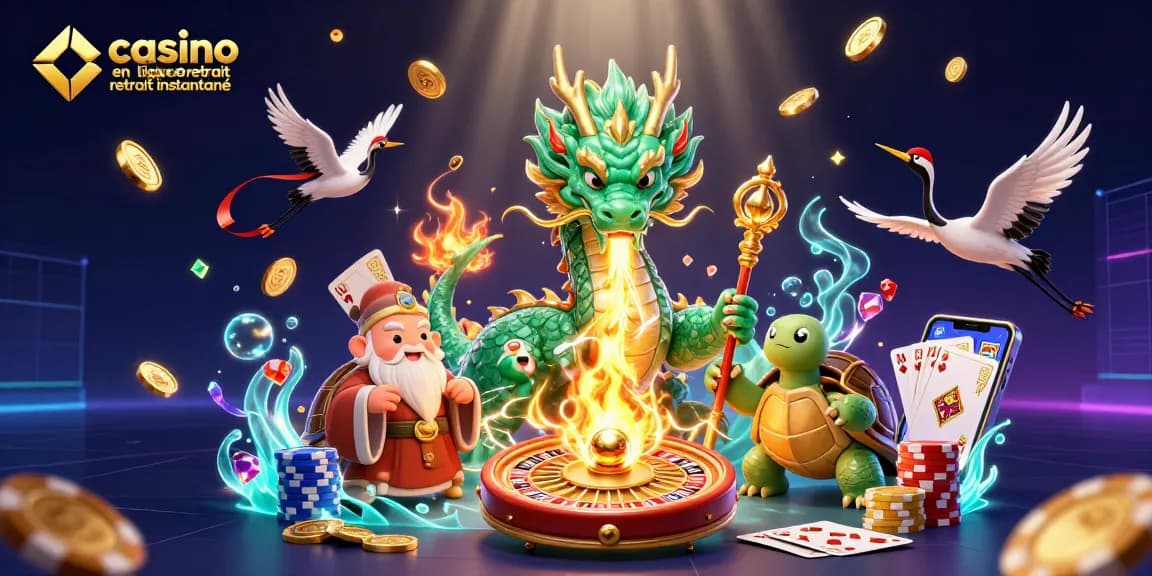Jouez à casino en ligne retrait instantané avec une illustration dynamique de dragons et de sage.