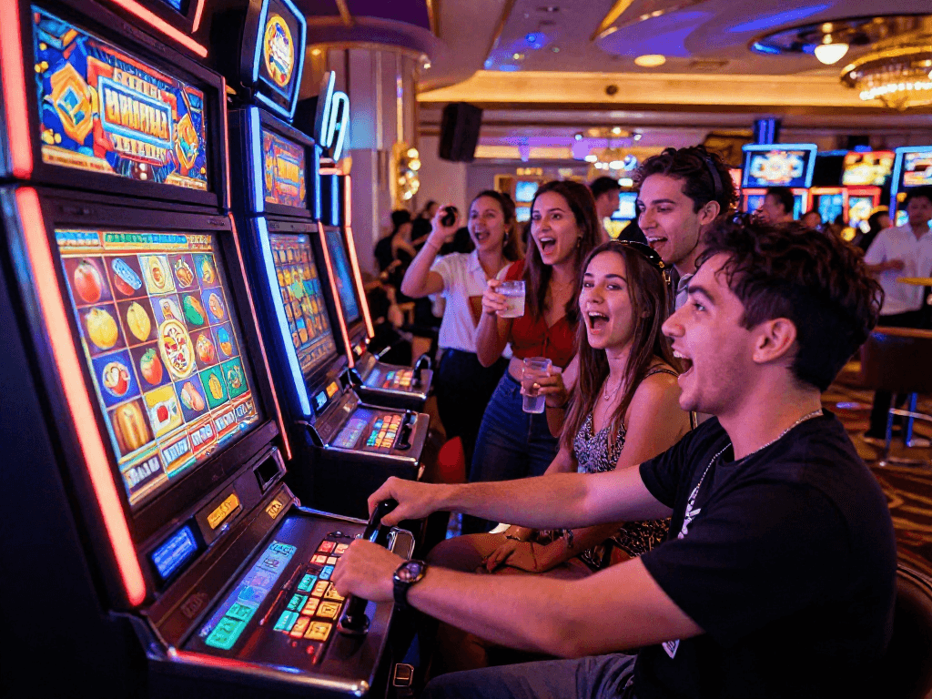 Exciting gaming scene featuring a player at a vibrant slot machine in a lively casino