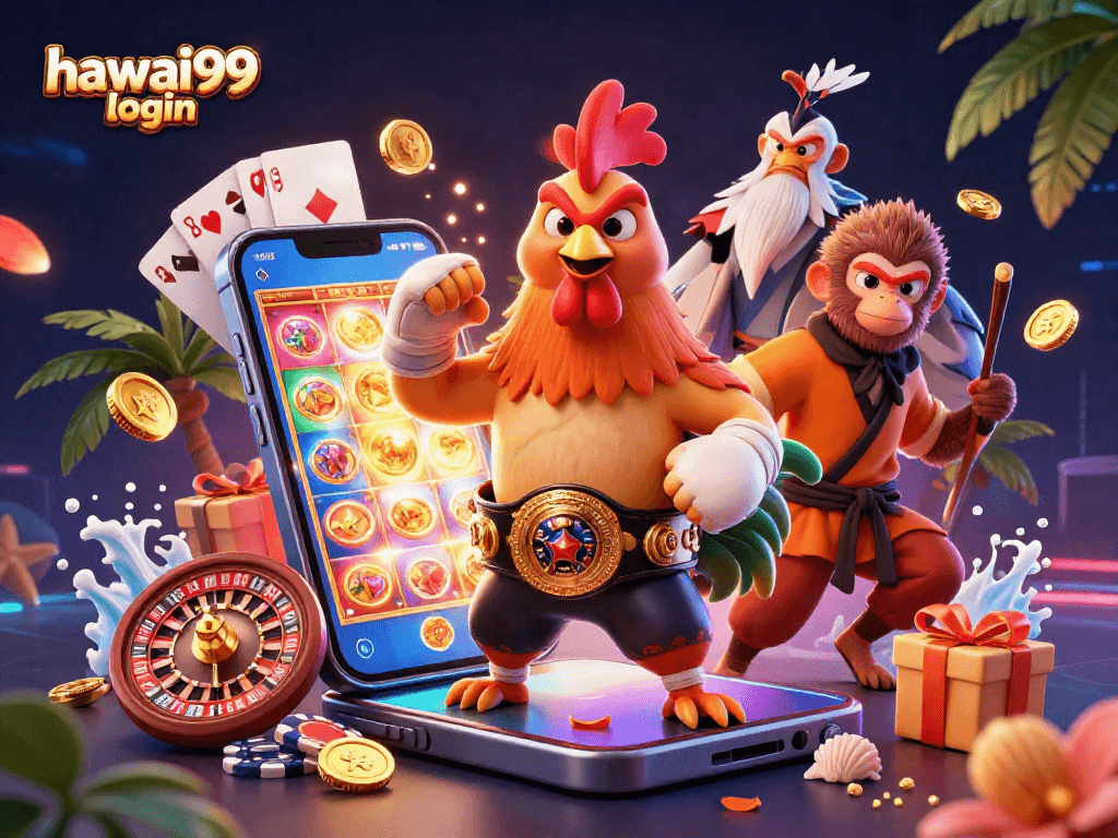Experience the hawai99 login with vibrant casino imagery featuring action-packed characters and games.