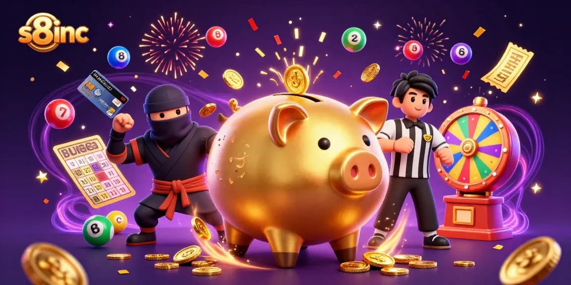 Experience the excitement of s8inc with a lively casino battle featuring a golden piggy bank sumo wrestler and dynamic game elements.