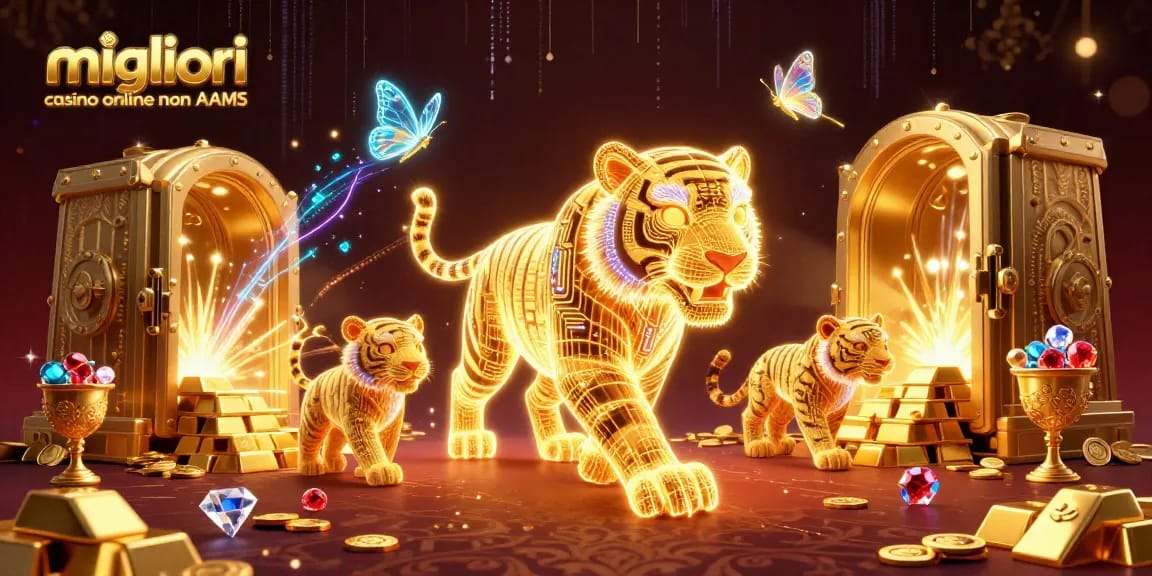 Immagine vibrante di una tigre d'oro in un casinò virtuale, esplorando i migliori casino online non AAMS.