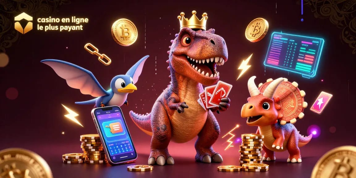 Plongez dans le monde du casino en ligne le plus payant avec ce T-Rex et ses amis, entourés de pièces Bitcoin et Ethereum.