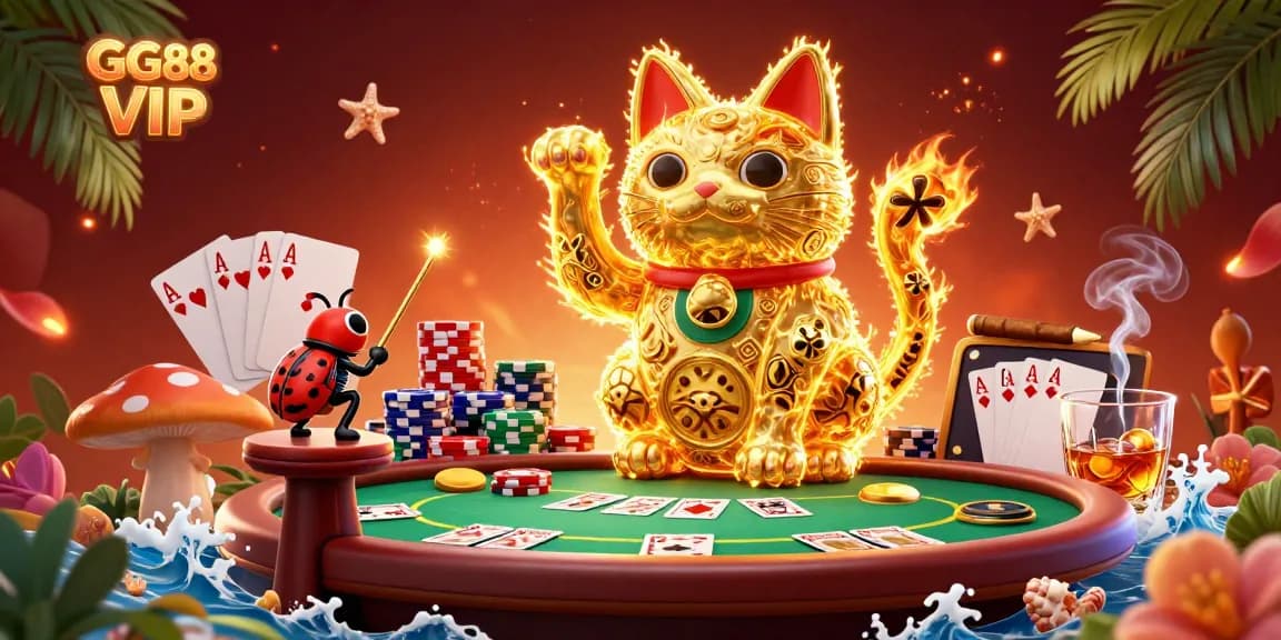 Experience gaming triumphs with GG88 VIP's exciting casino world featuring a lucky cat amidst dynamic poker elements.