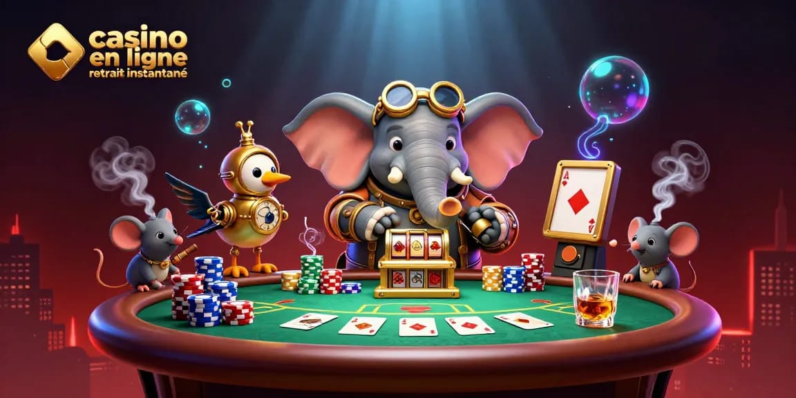 Illustration d'un éléphant ingénieur mécanicien à une machine à sous, représentant un casino en ligne avec retrait instantané.