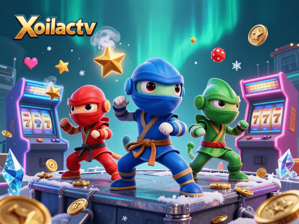 Xoilactv showcases a vibrant 3D chameleon ninja team in a dynamic casino-themed scene.