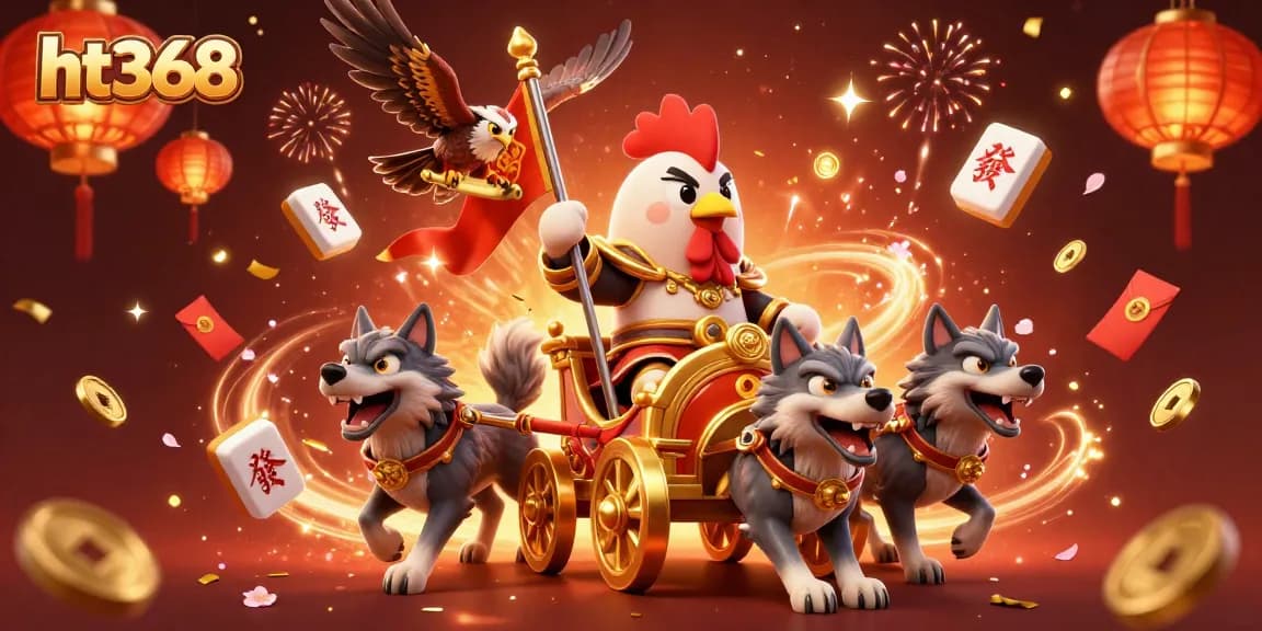 Experience the thrill of ht368 with a vibrant 3D illustration of a rooster warlord and dynamic casino elements.