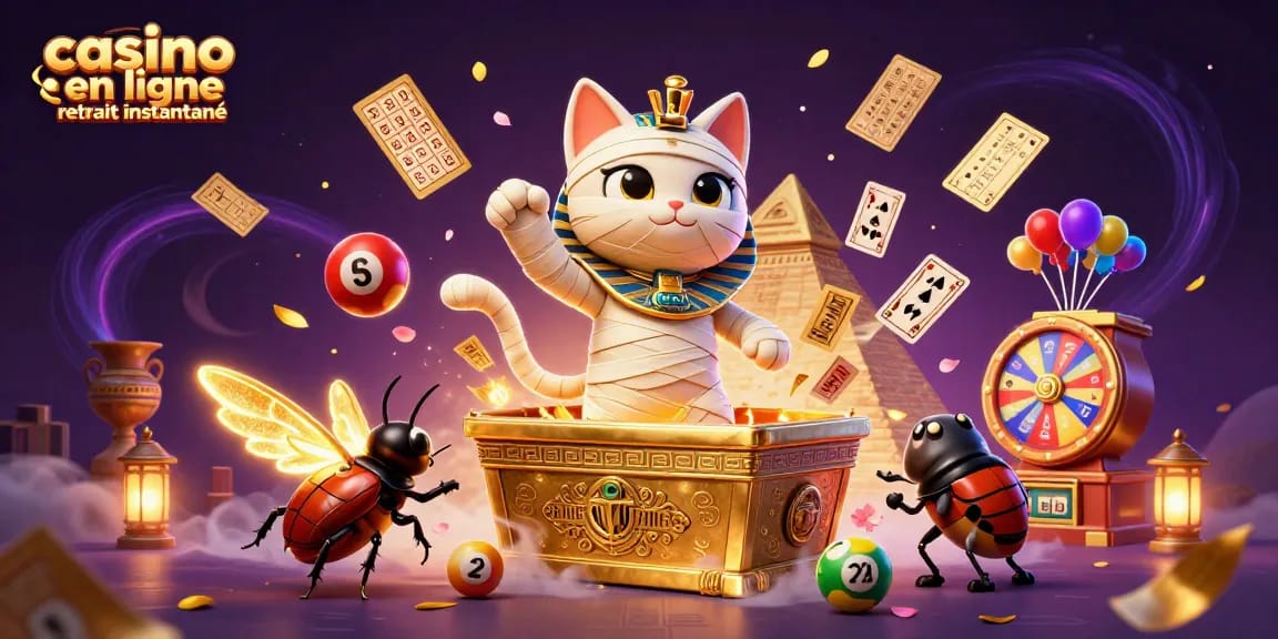 Élément graphique dynamique illustrant le concept de casino en ligne retrait instantané, mettant en avant des jeux et des éléments de loterie captivants.