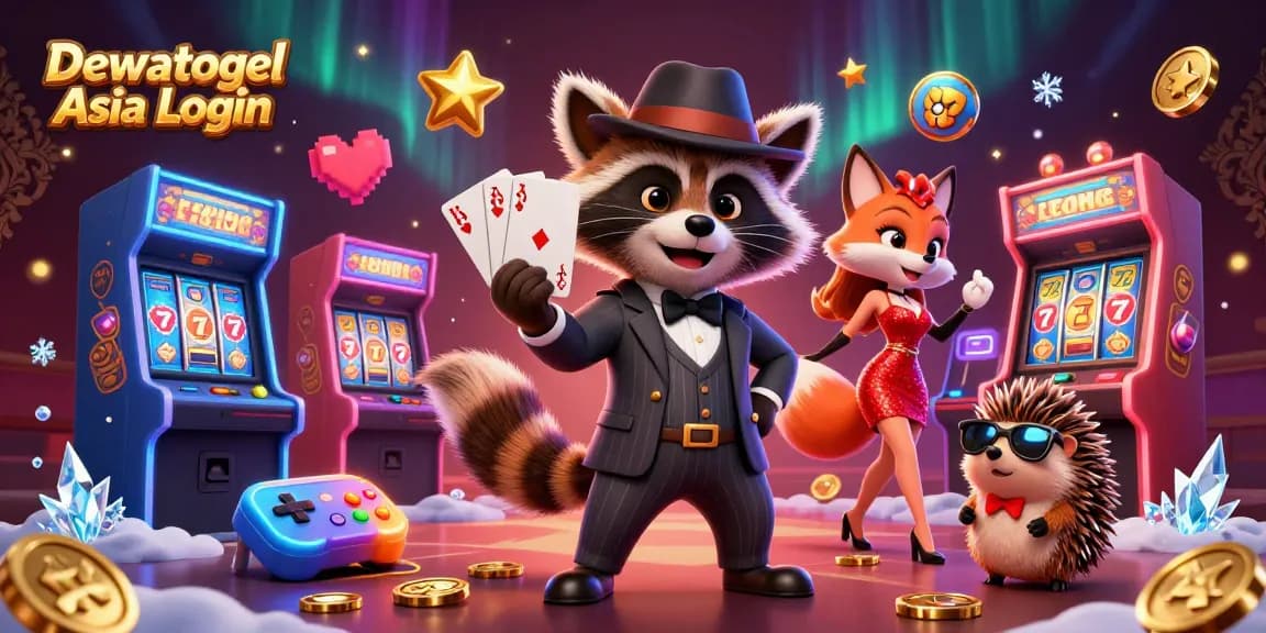 Dewatogel Asia Login showcases a lively 3D illustration of a suave raccoon character and friends in a casino setting, enhancing the gambling experience.