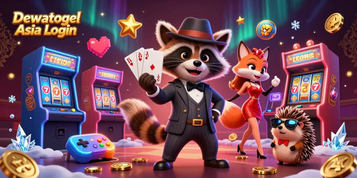 Dewatogel Asia Login showcases a lively 3D illustration of a suave raccoon character and friends in a casino setting, enhancing the gambling experience.