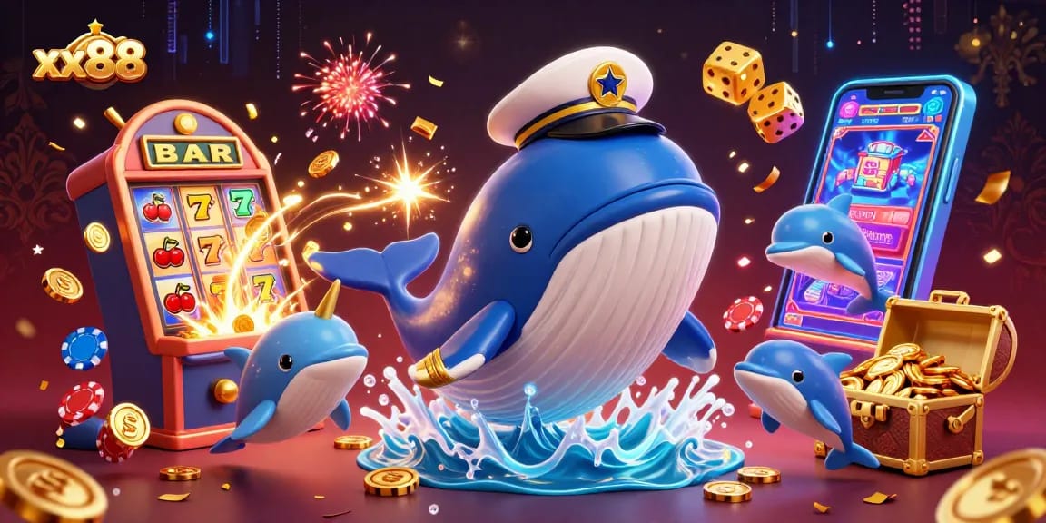 Experience the excitement of xx88 with playful dolphins and a majestic whale amidst a casino adventure
