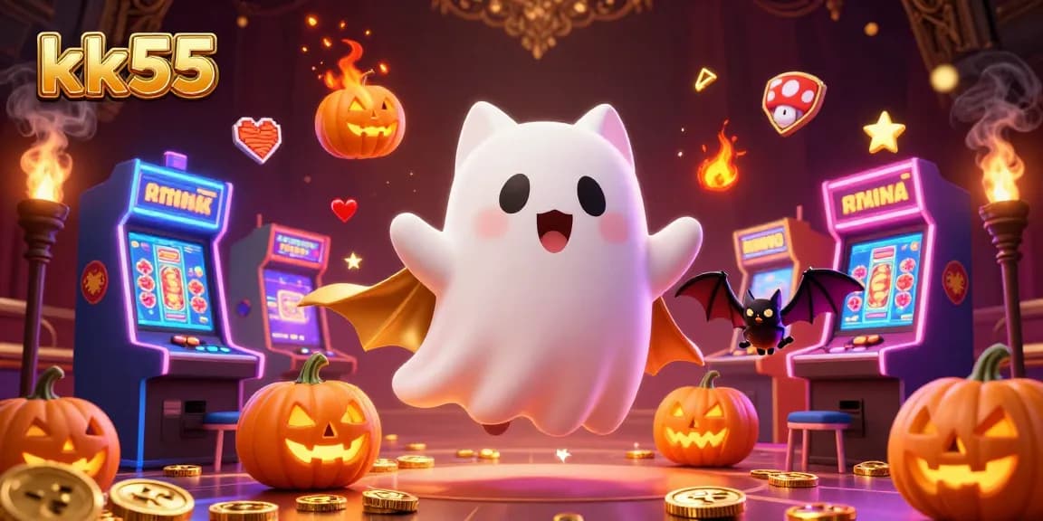 Experience thrilling gameplay at kk55 with a ghost cat and vampire bat in a vibrant casino scene.