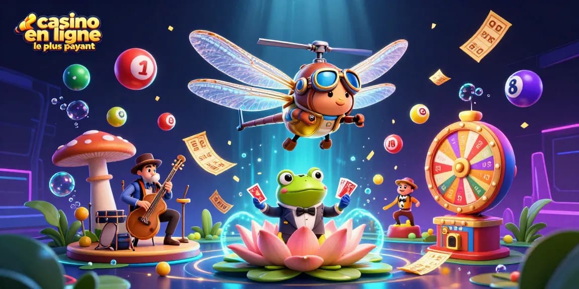 Illustration vibrante de casino en ligne le plus payant avec un pilote libellule et un croupier grenouille