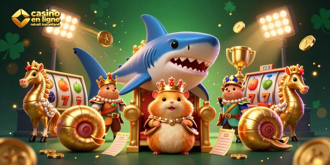 Jouez à casino en ligne retrait instantané avec un roi hamster doré sur un trône, entouré de symboles de machine à sous.