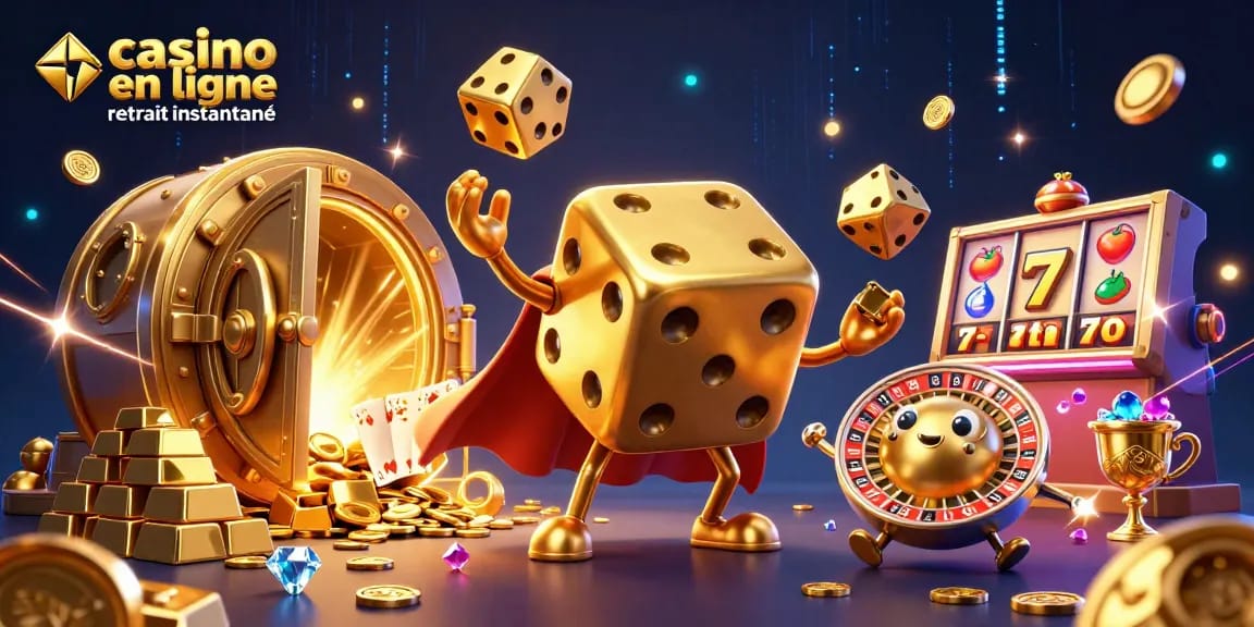 Casino en ligne retrait instantané : un golem de dés dorés jonglant avec des gains et des trésors.