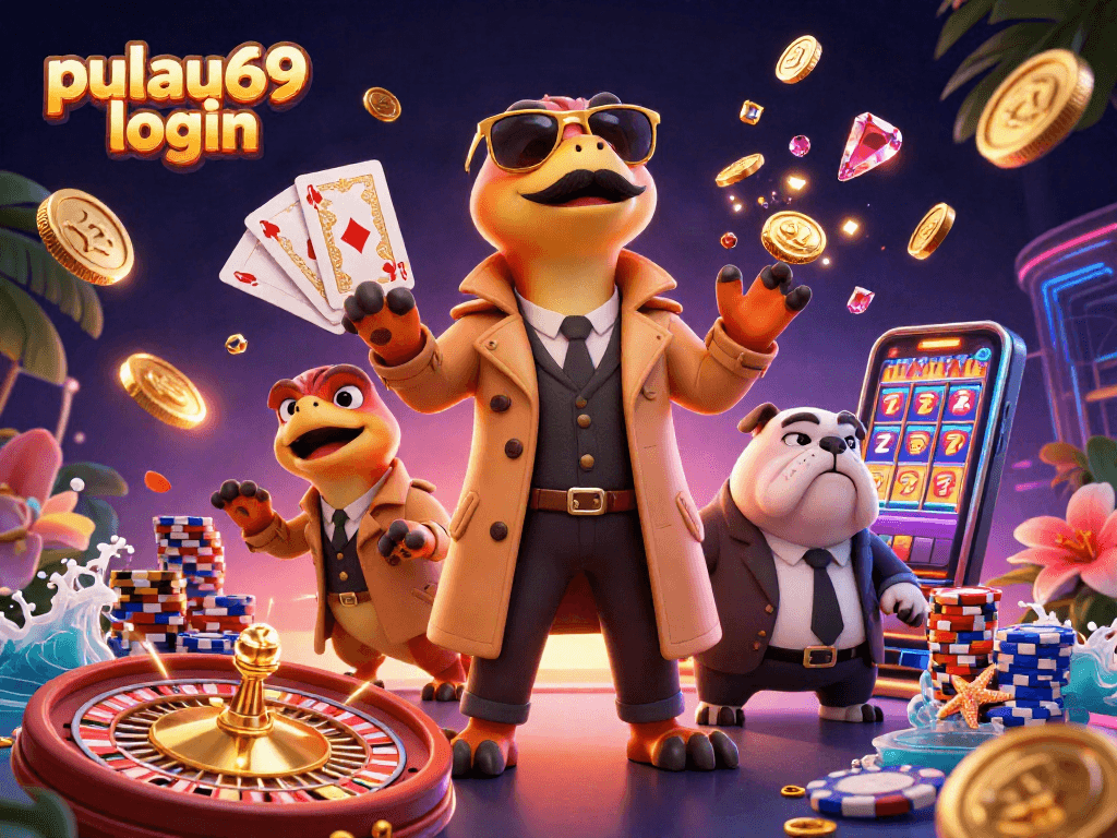 Experience the vibrant pulau69 login scene with cartoon raptors at a casino.