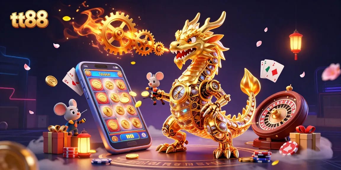 Engage with vibrant tt88 casino action featuring a majestic dragon amidst slot games and golden coins.