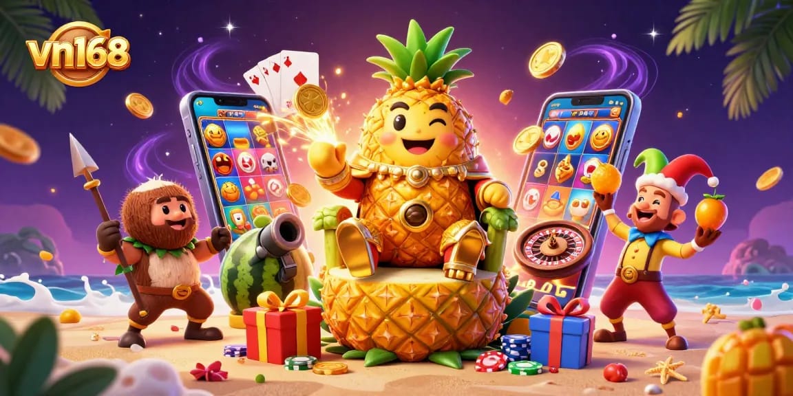 Engage with vibrant vn168 casino action featuring the golden pineapple king and friends amid exciting slots.