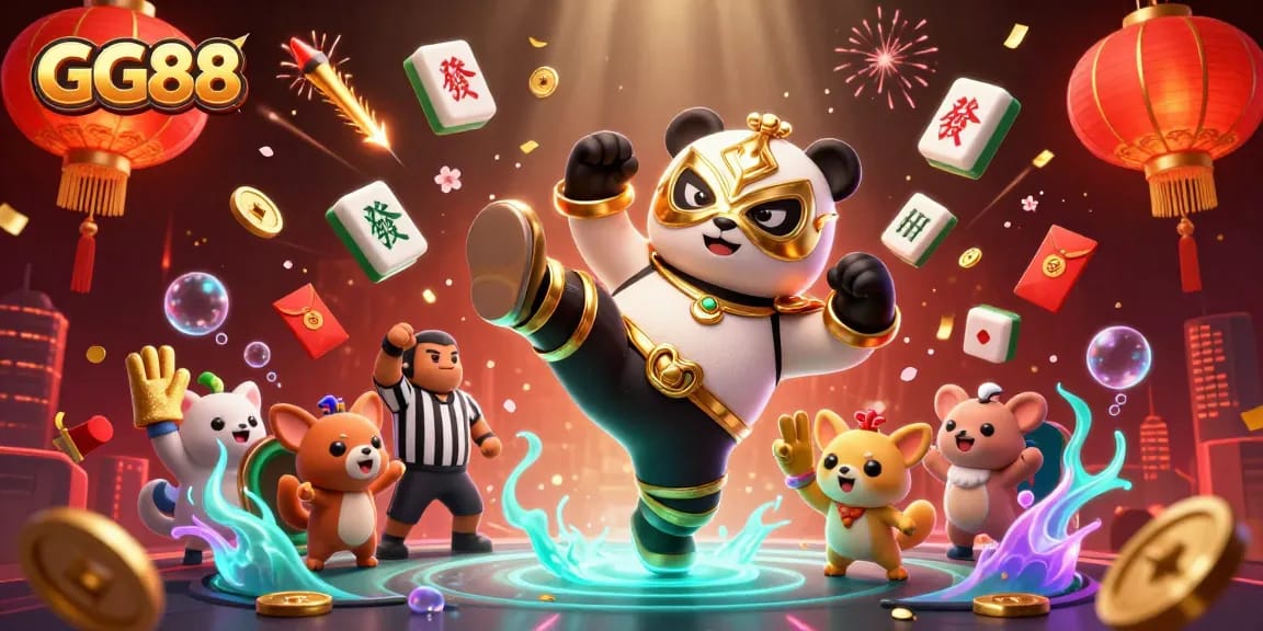 Experience GG88's vibrant casino action with playful characters among dazzling game elements.