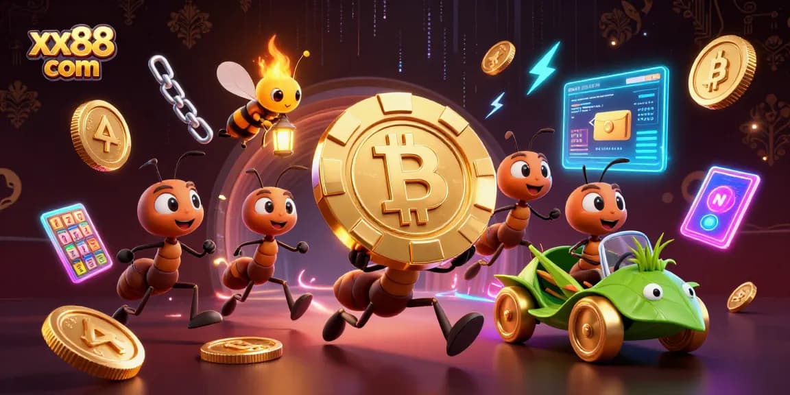 Experience thrilling action at xx88 com as cartoon ants heist a giant poker chip in a vibrant casino setting.