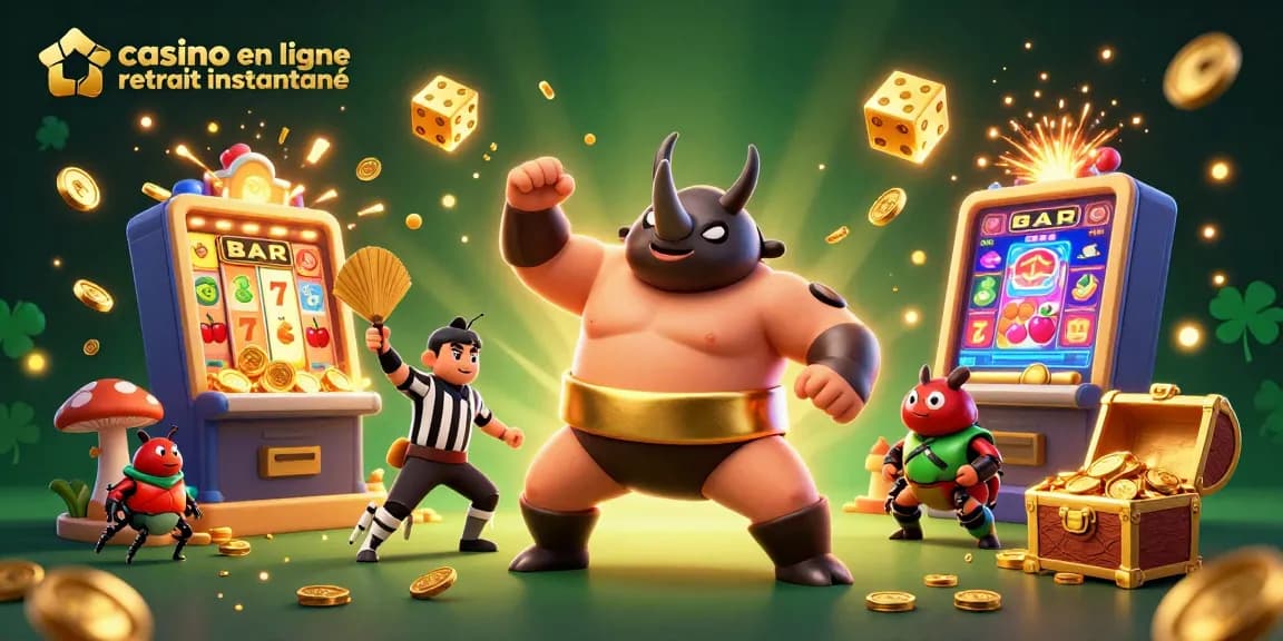 Illustration dynamique de casino en ligne retrait instantané, avec un scarabée sumo champion et machine à sous débordante de pièces.