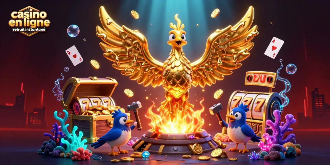 Illustration dynamique de "casino en ligne retrait instantané" avec un phoenix doré et des éléments de jeu captivants.