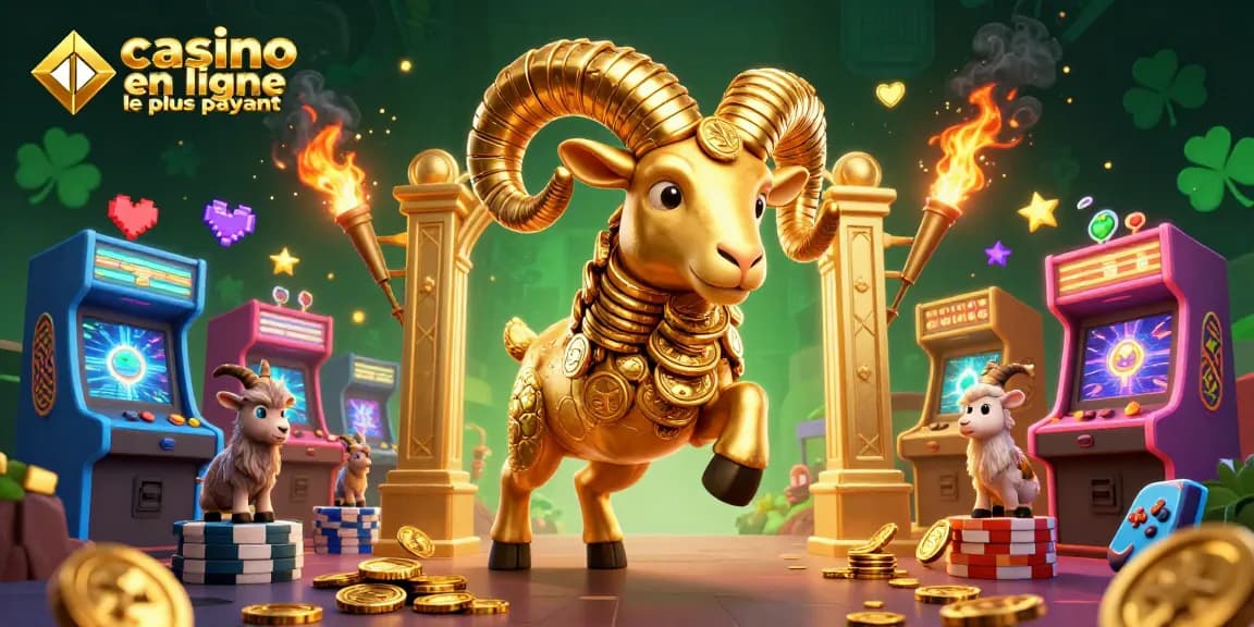 Illustration captivante de casino en ligne le plus payant avec un bélier doré chargant vers une porte en or, entouré de machines de jeu colorées.