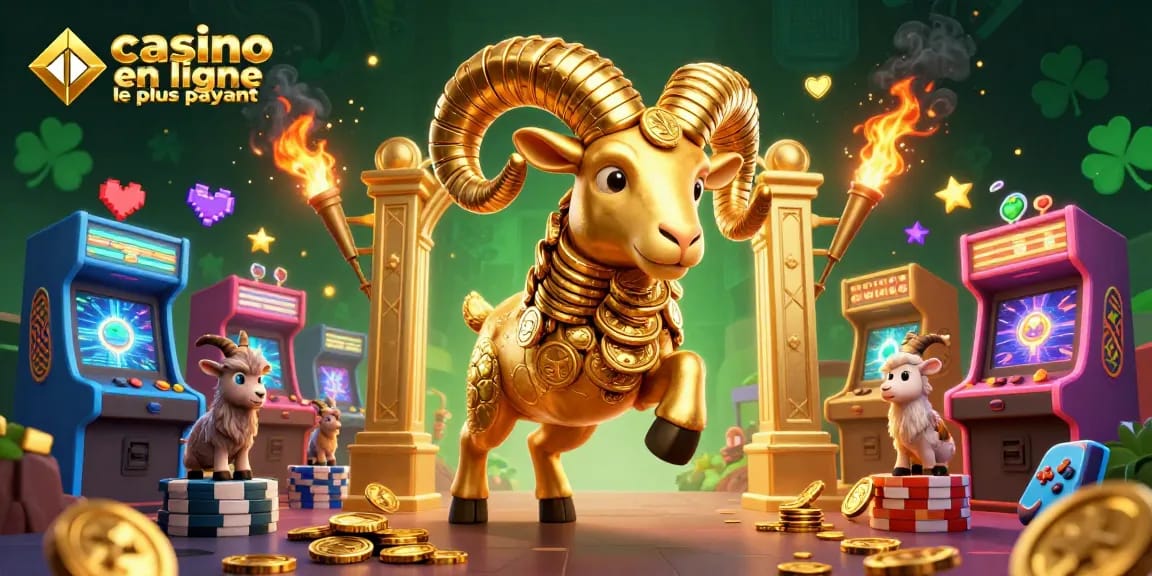 Illustration captivante de casino en ligne le plus payant avec un bélier doré chargant vers une porte en or, entouré de machines de jeu colorées.
