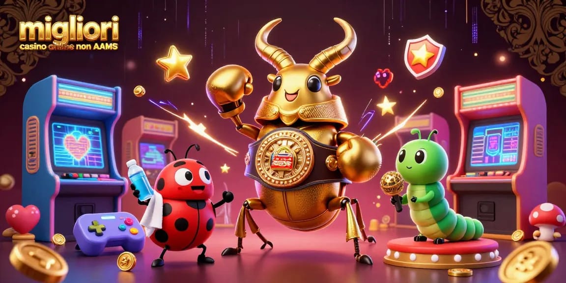 Visualizza i migliori casino online non AAMS con un immancabile incontro tra un scarabeo gigante e un piccolo aiutante in un ambiente scintillante.