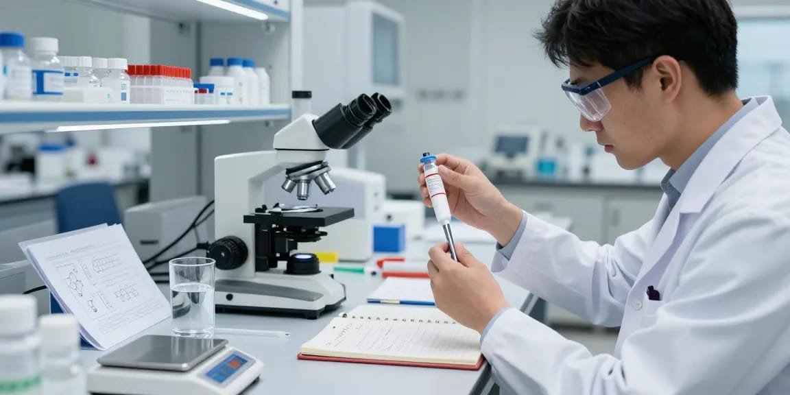 Scientist handling a lyophilized peptide vial in a modern laboratory setting, emphasizing research and precision.