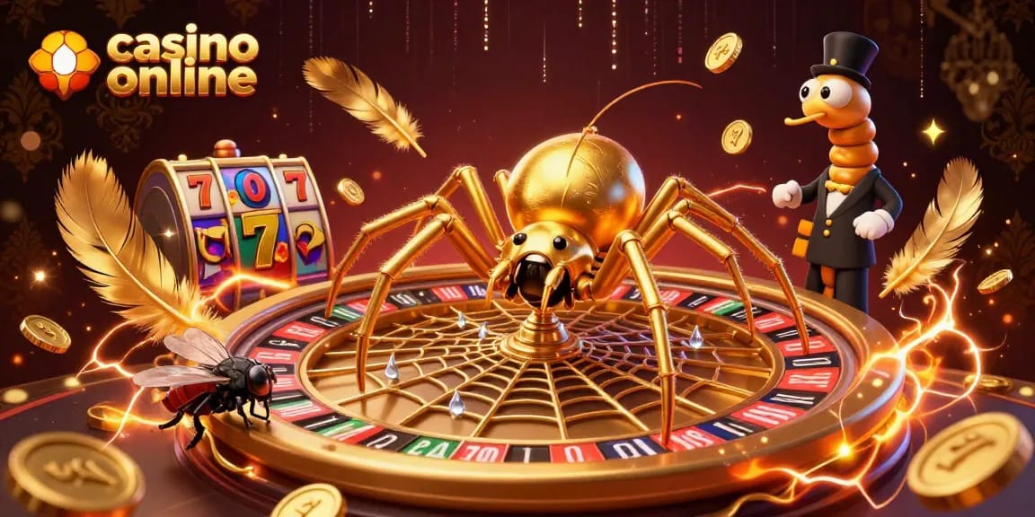 Scenă dintr-un casino online cu o păianjenă aurie și un croupier centiped pe un web de ruletă, inspirată de sloturi.