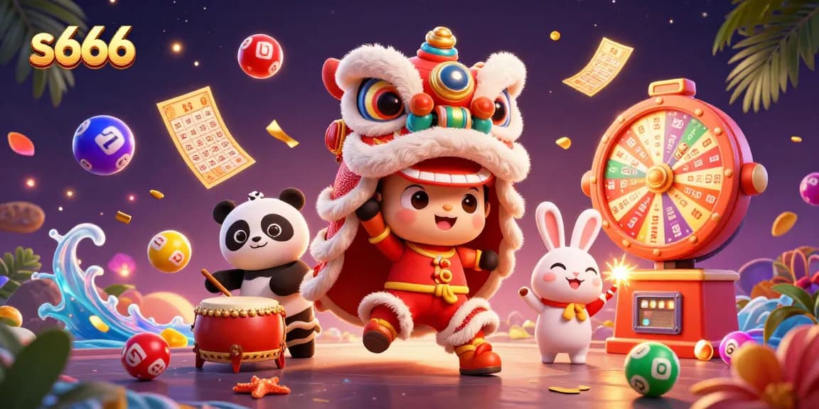 Experience the thrilling excitement of s666 with dynamic lottery elements and festive characters in a lively casino scene.