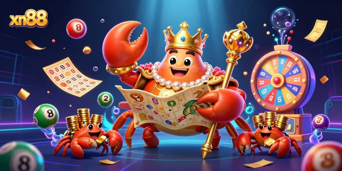 Engage with xn88's exciting gaming world featuring a golden crab emperor and vibrant elements.