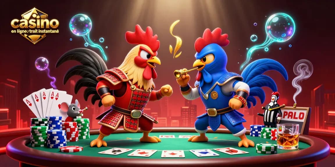 Les coqs de combat illustrant le casino en ligne retrait instantané face à une ambiance dynamique et colorée.