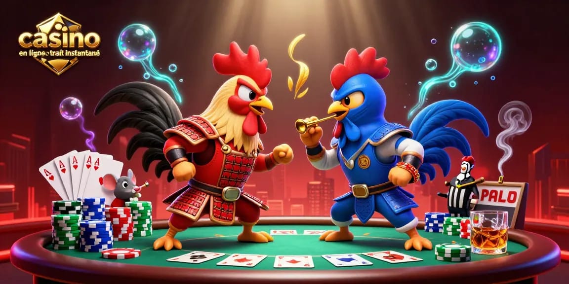 Les coqs de combat illustrant le casino en ligne retrait instantané face à une ambiance dynamique et colorée.