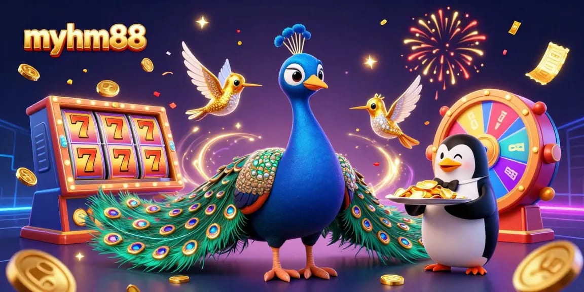 Engage in stunning gameplay with myhm88 featuring vibrant slot reels and festive elements.