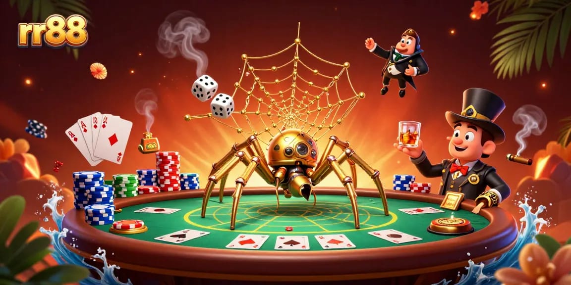 Engage with rr88's exciting gaming world featuring a steampunk spider and poker action.