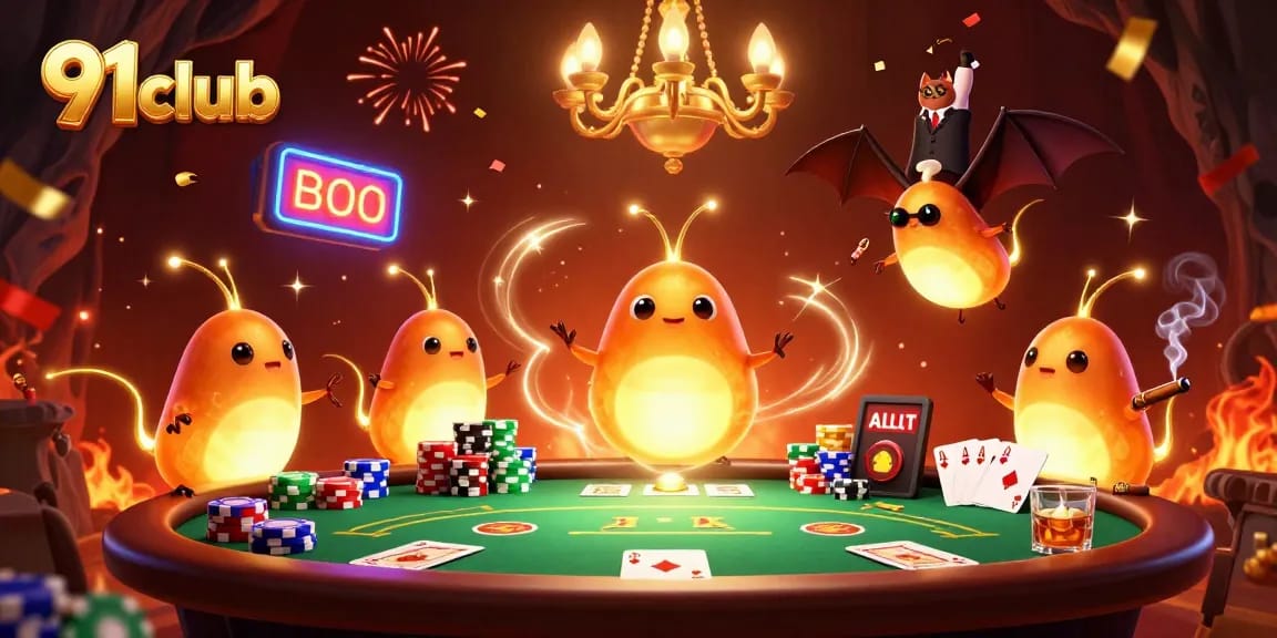 91club players enjoying a lively poker game in a glowing casino cave led by cartoon glowworms.