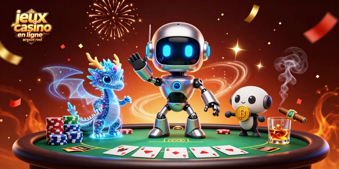 Profitez des jeux de casino en ligne argent réel avec une illustration dynamique mettant en scène des robots et des dragons.
