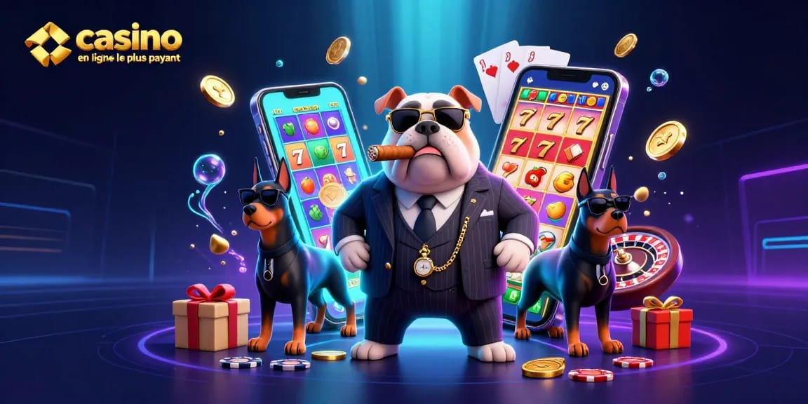 Scène animée de casino en ligne le plus payant avec un bulldog mafieux et deux Dobermans.