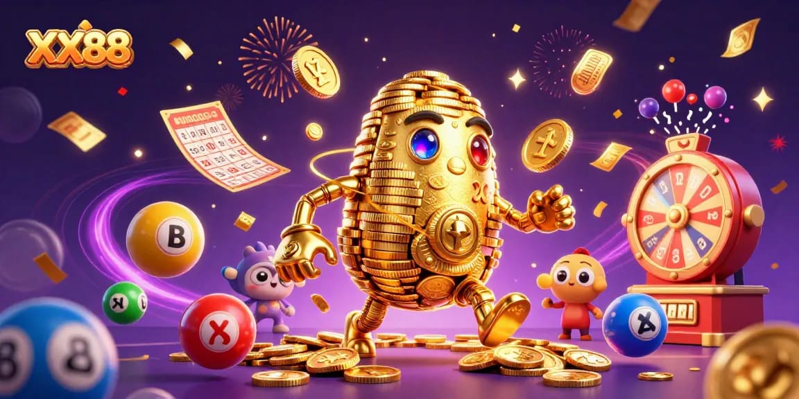 Experience thrilling excitement at XX88 with vibrant lottery elements and golden golem action.