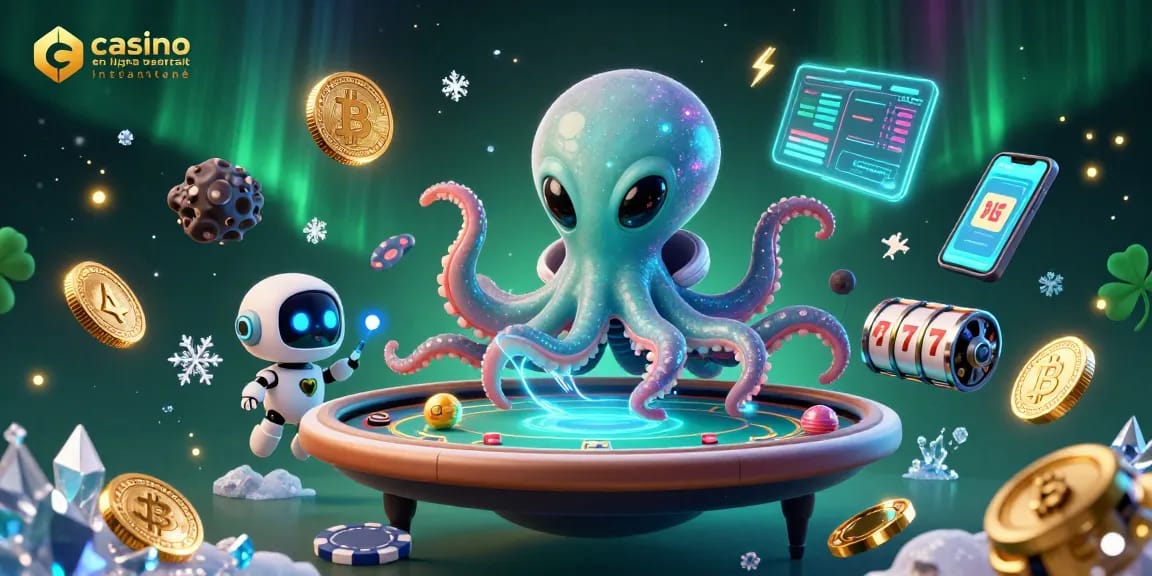 Casino en ligne retrait instantané : pieuvre extraterrestre jouant au poker avec un robot, décor galactique dynamique.