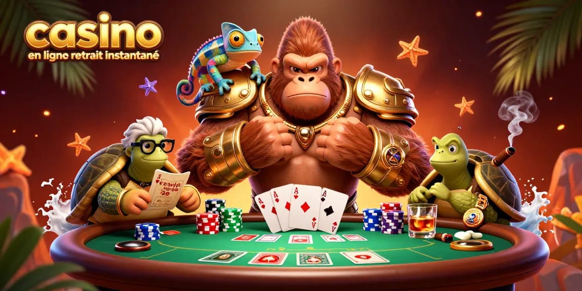 Célébrez le casino en ligne retrait instantané avec des personnages colorés et des jeux de cartes dans une scène dynamique.