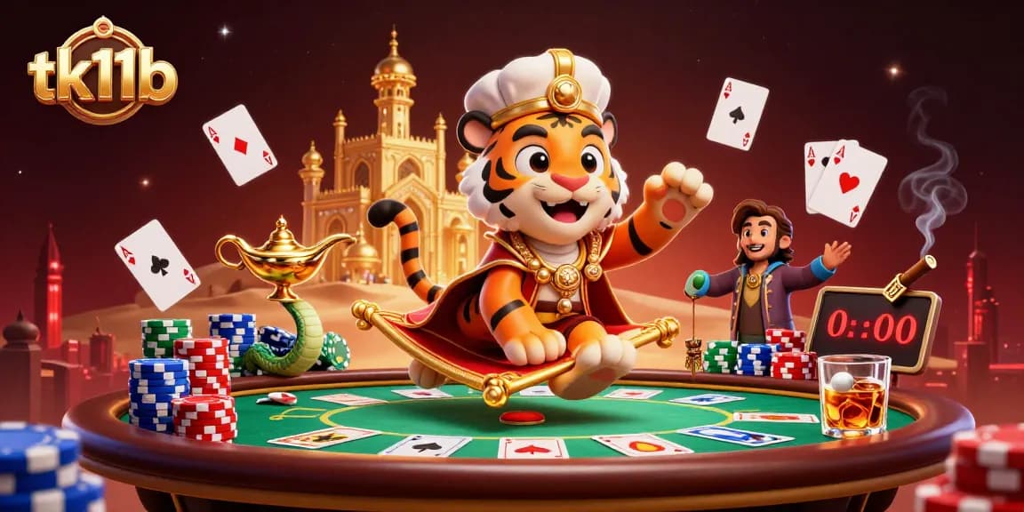 Unleash winnings on tk11b with a vibrant, dynamic casino illustration featuring a tiger sultan and poker elements.