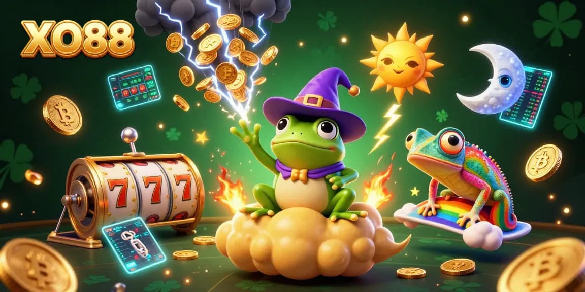 Experience thrilling gaming with XO88 as the wizard frog conjures golden coins in this vibrant casino illustration.